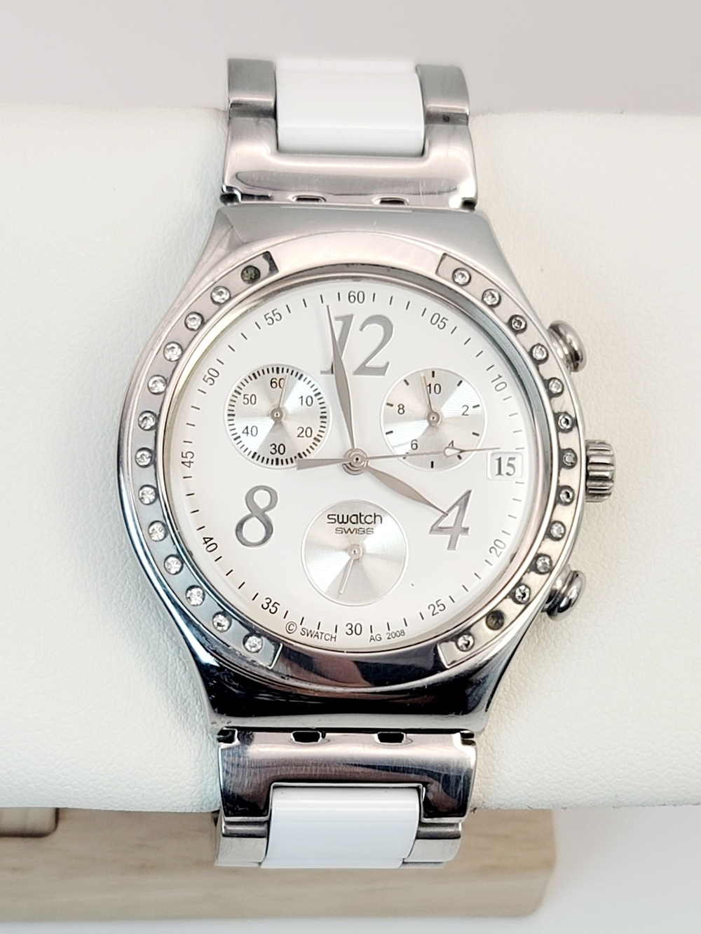 Swatch Irony Dreamwhite YCS511G Chronograph Crystal Bezel Ceramic Bracelet Watch